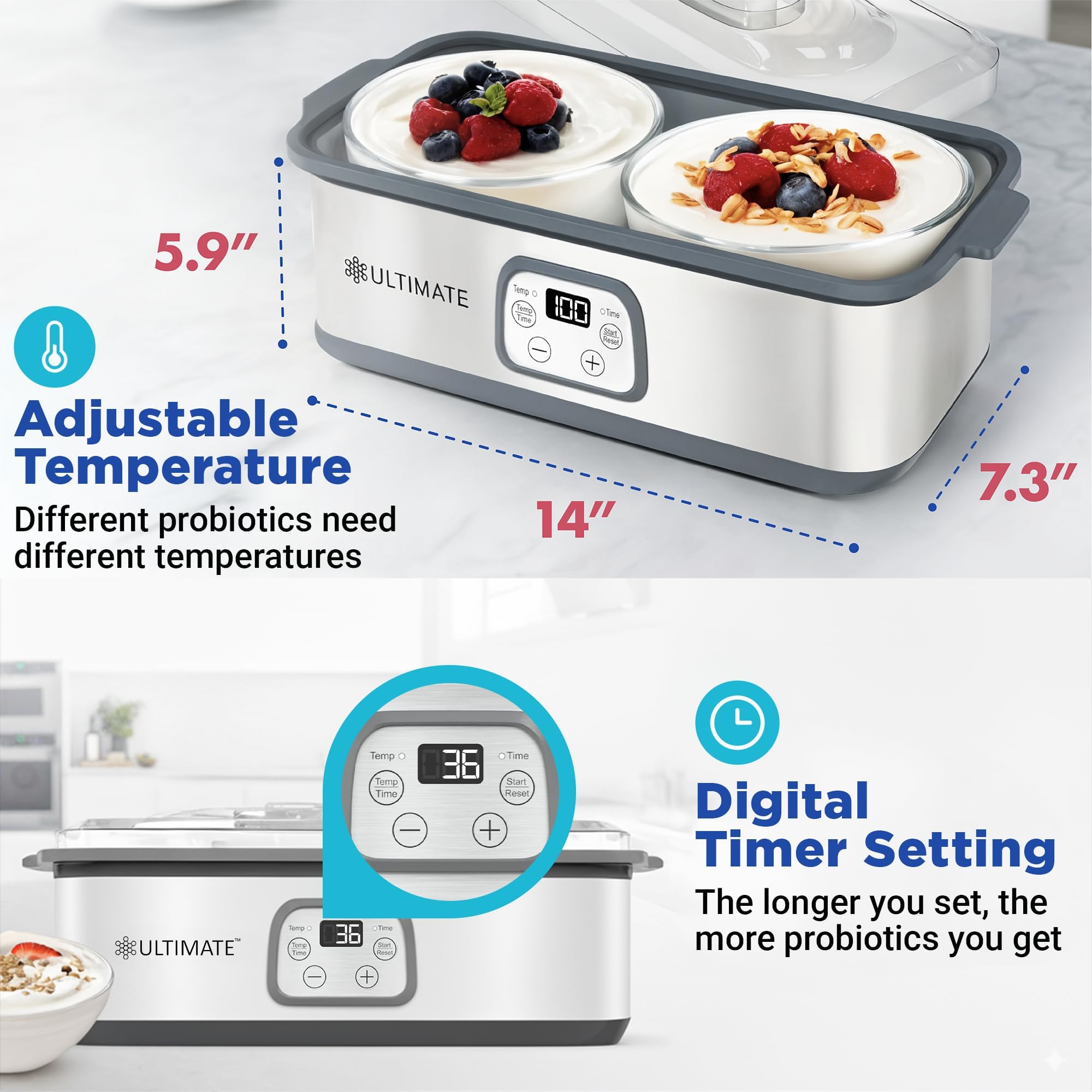 Yogurtera Ultimate, controles de temperatura ajustables para cultivos constantes.