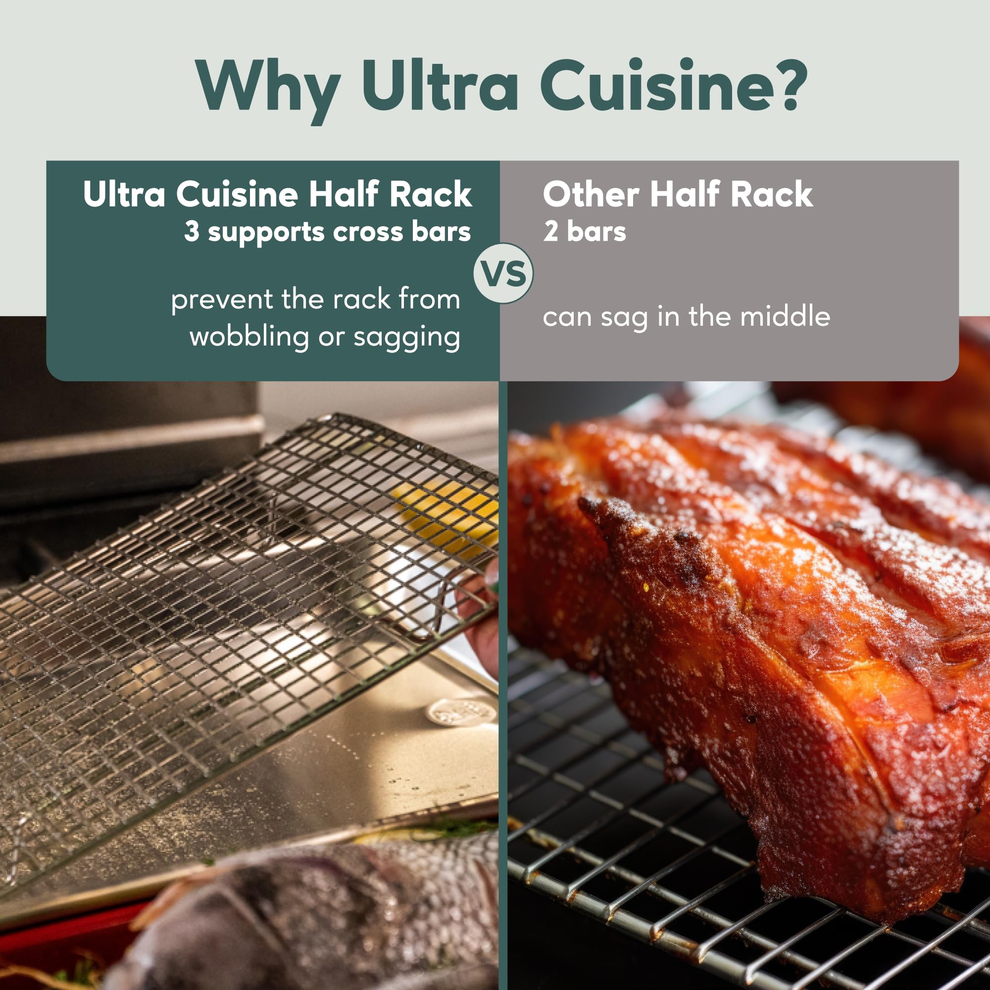 Ultra Cuisine rejilla apta para horno hasta 575°F para múltiples técnicas de cocción.