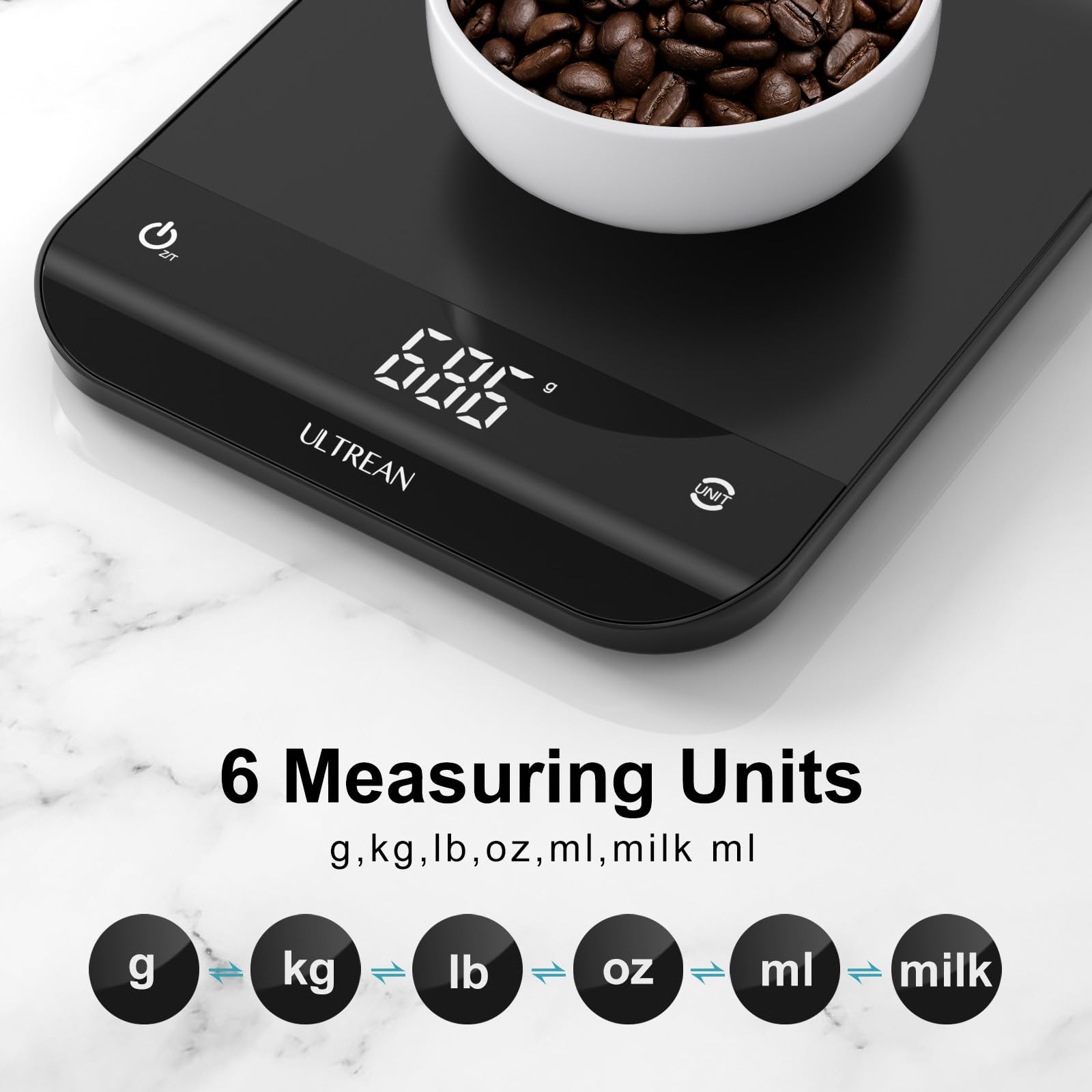 Ultrean bascula de cocina con conversión de unidades para gramos, onzas y mililitros.
