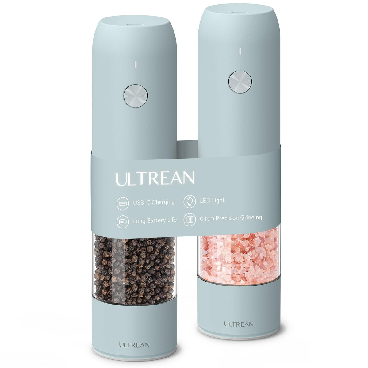 Molinillo Ultrean con diseño minimalista para sal y pimienta, manejo con una mano.