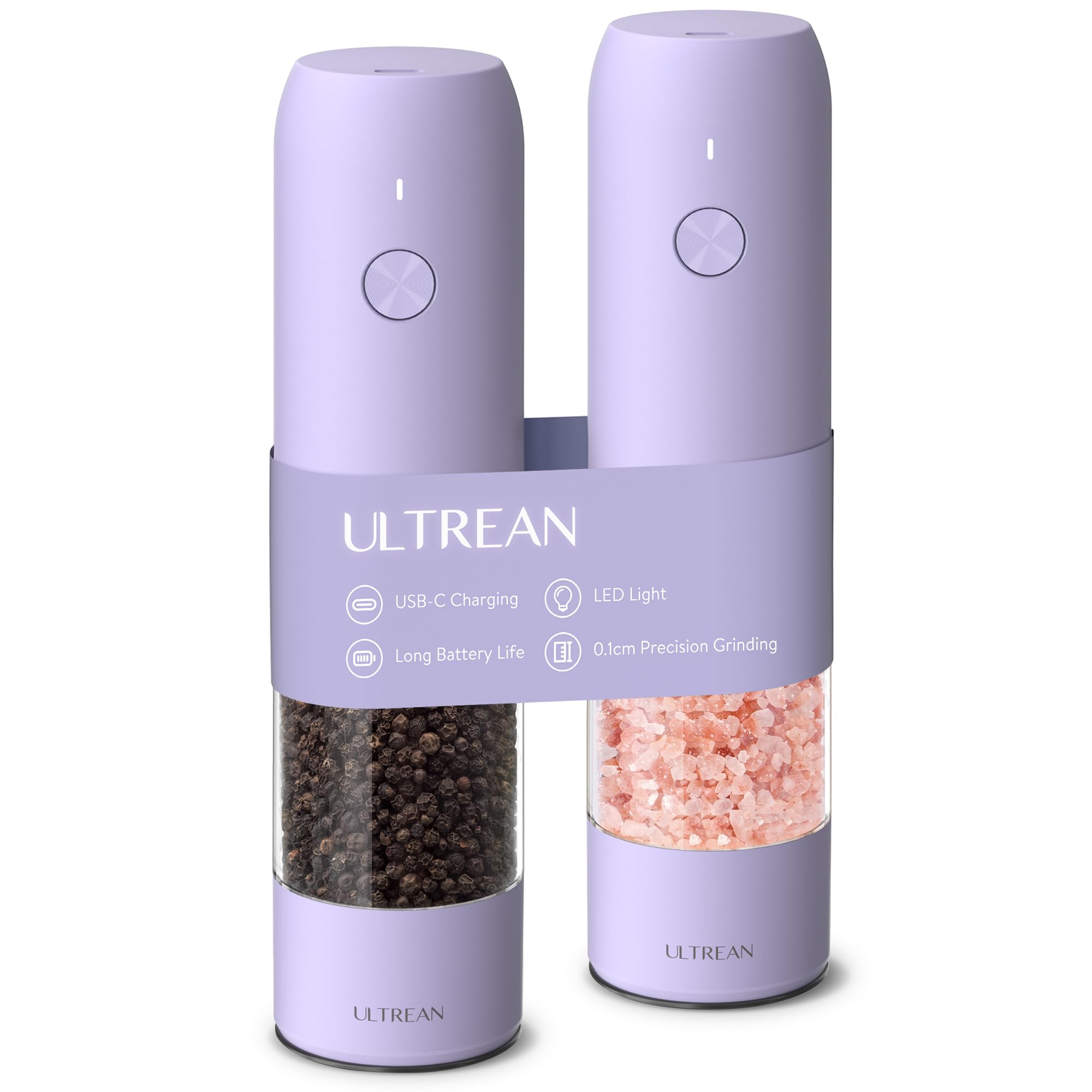 Ultrean salero y pimienta recargable, vista frontal, diseño elegante para la mesa.