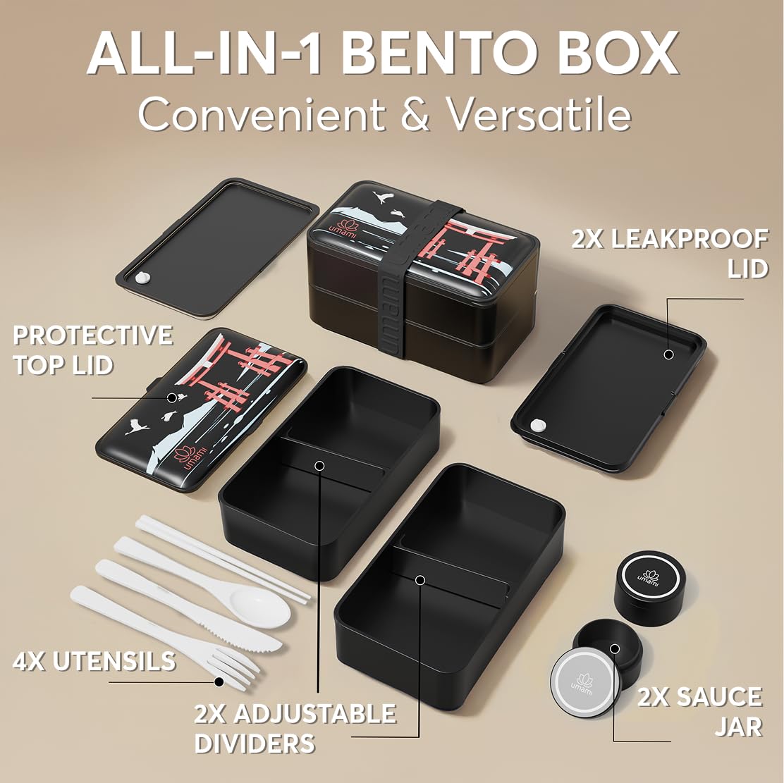 Umami Bento Box con botes de salsa para condimentos prácticos.