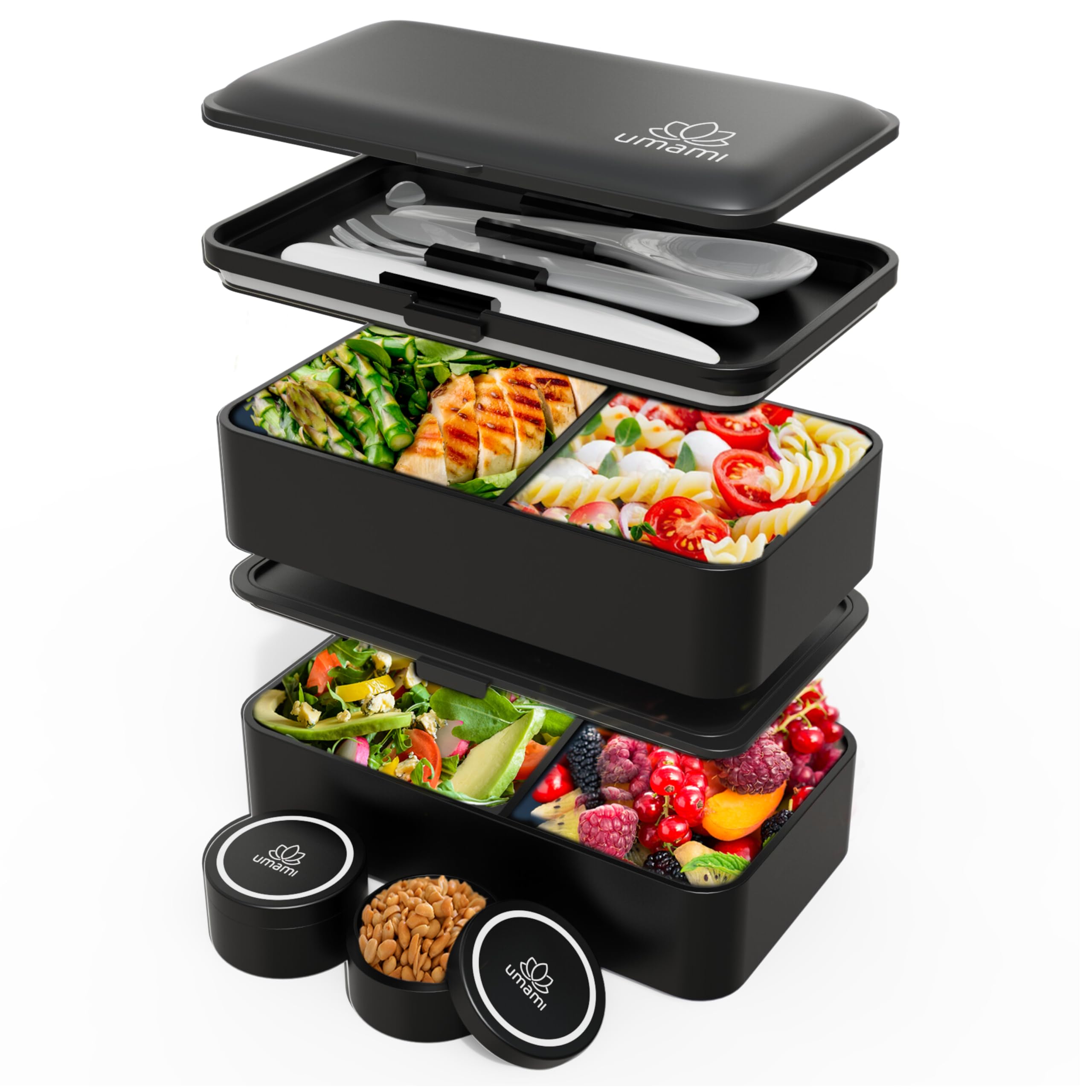 Umami Bento Box con utensilios integrados para comidas rápidas y ordenadas.
