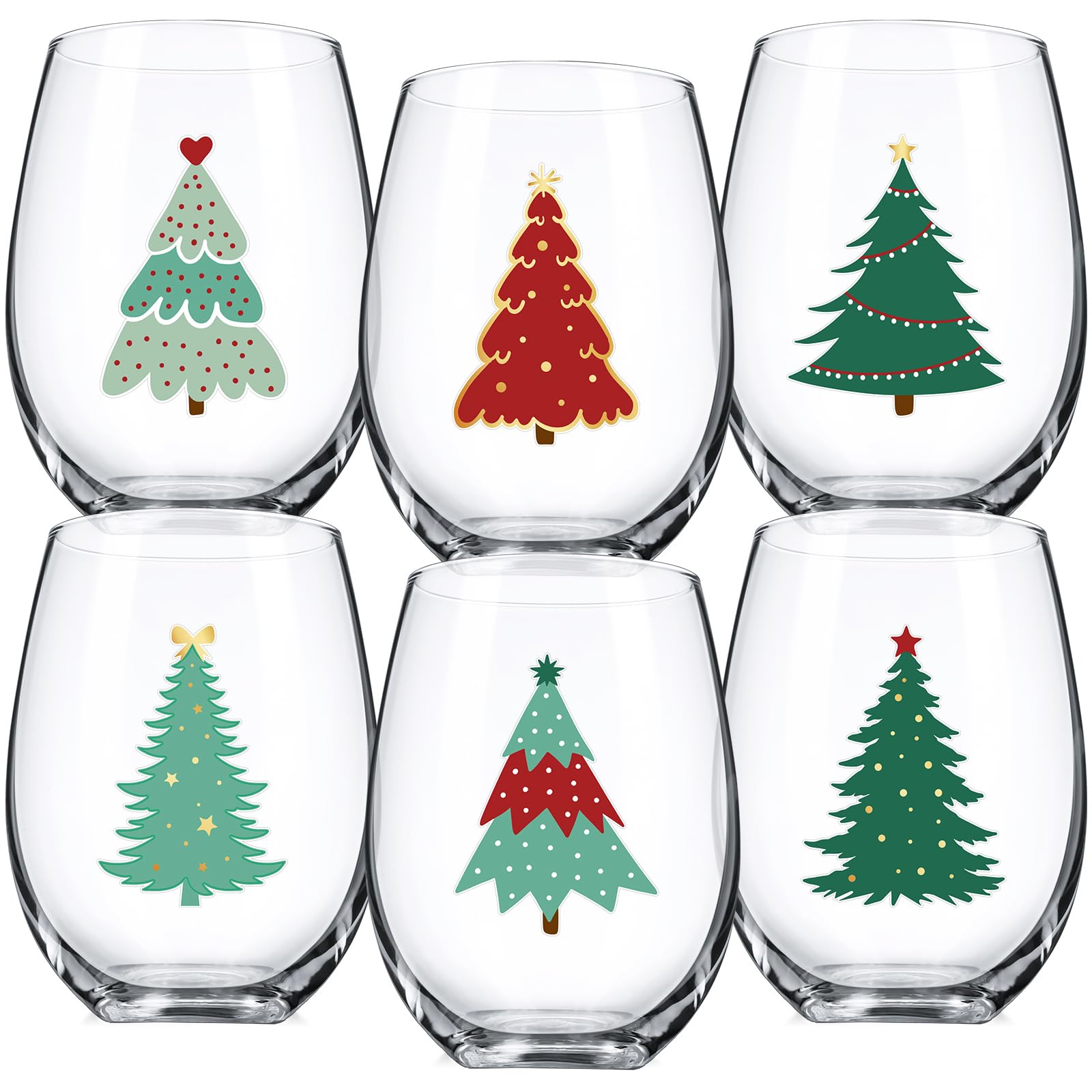 Umigy copas de vino sin tallo con árbol de Navidad rojo y verde, ideal para brindis festivos