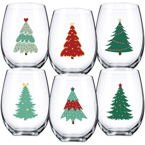 Umigy copas de vino sin tallo con árbol de Navidad rojo y verde, ideal para brindis festivos