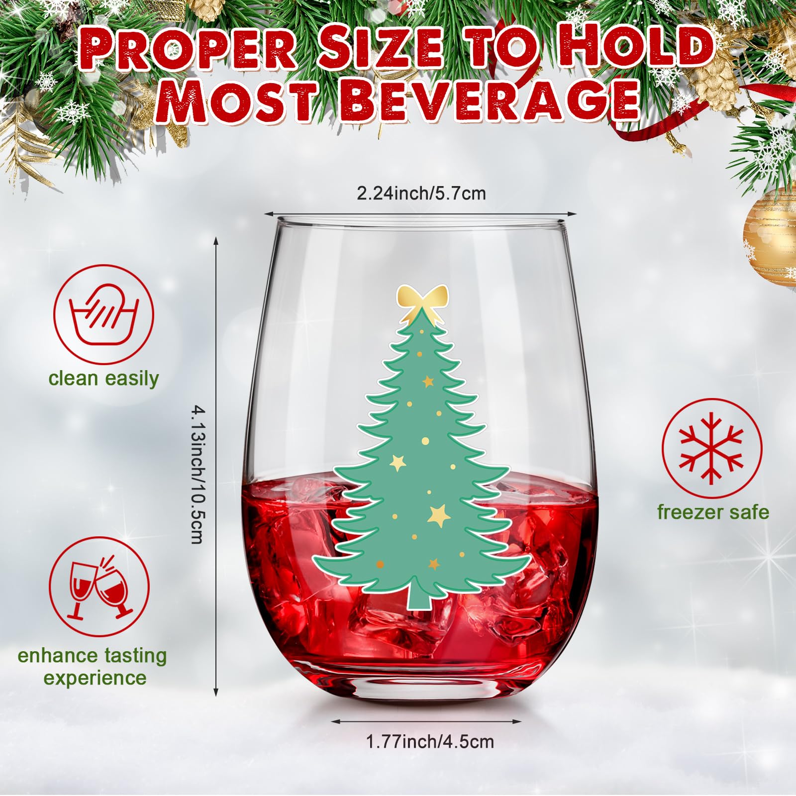Umigy copa de vino sin tallo de 12 onzas, patrón de árbol navideño, ideal para reuniones