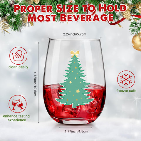 Umigy copa de vino sin tallo de 12 onzas, patrón de árbol navideño, ideal para reuniones