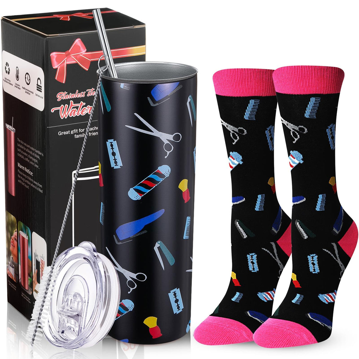 Umigy tumbler barbero con impresión frontal, ideal regalo para estilistas.