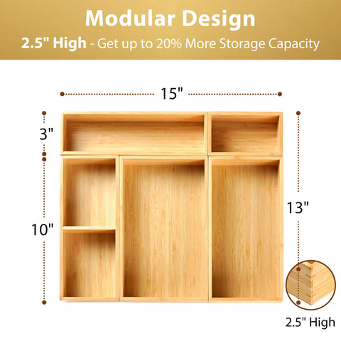Conjunto de cinco cajas modulares de bambú para optimizar espacios.