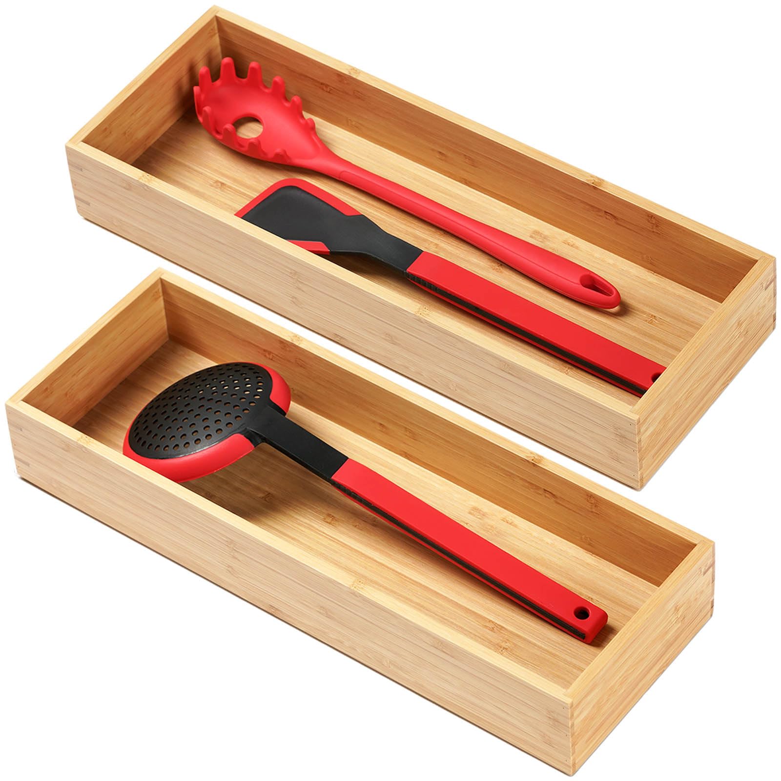 Umilife organizador de bambú para cajón con cubiertos largos, ideal para ordenar utensilios.