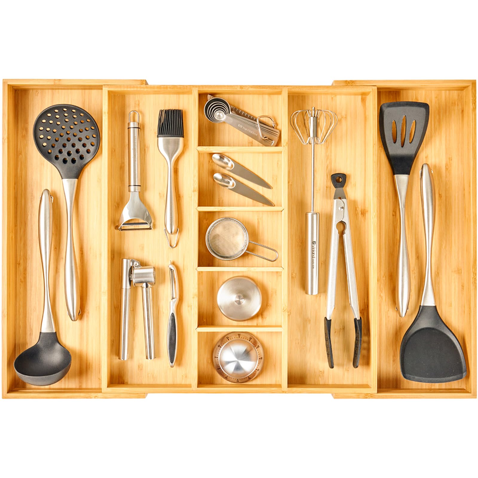 Umilife organizador de cajón expandible en cocina, ideal para utensilios grandes.