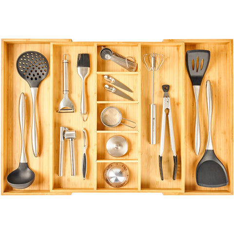 Umilife organizador de cajón expandible en cocina, ideal para utensilios grandes.