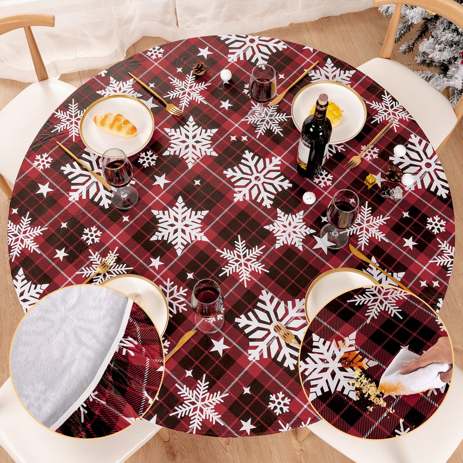 UMINEUX mantel vinilo redondo con copos de nieve, protege la mesa contra manchas y arañazos