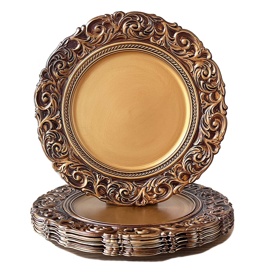 Umisriro plato cargador oro antiguo de 13 pulgadas para cenas formales.