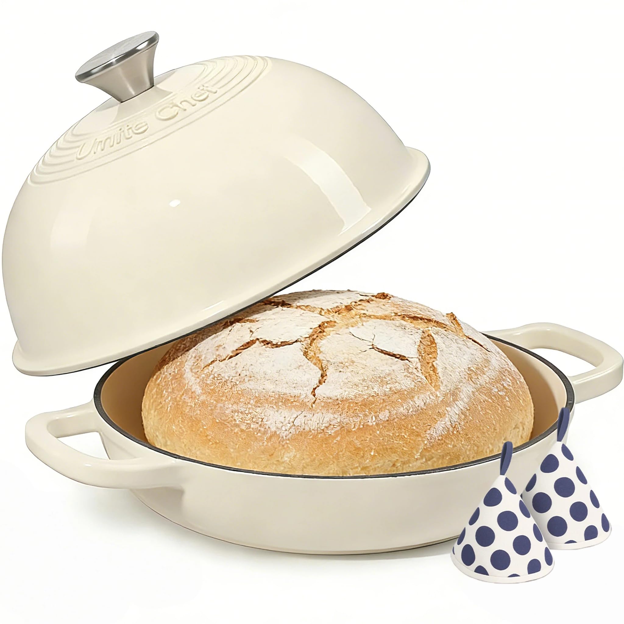 Olla Umite Chef de hierro esmaltado redonda 6 qt, retiene calor para pan crujiente.