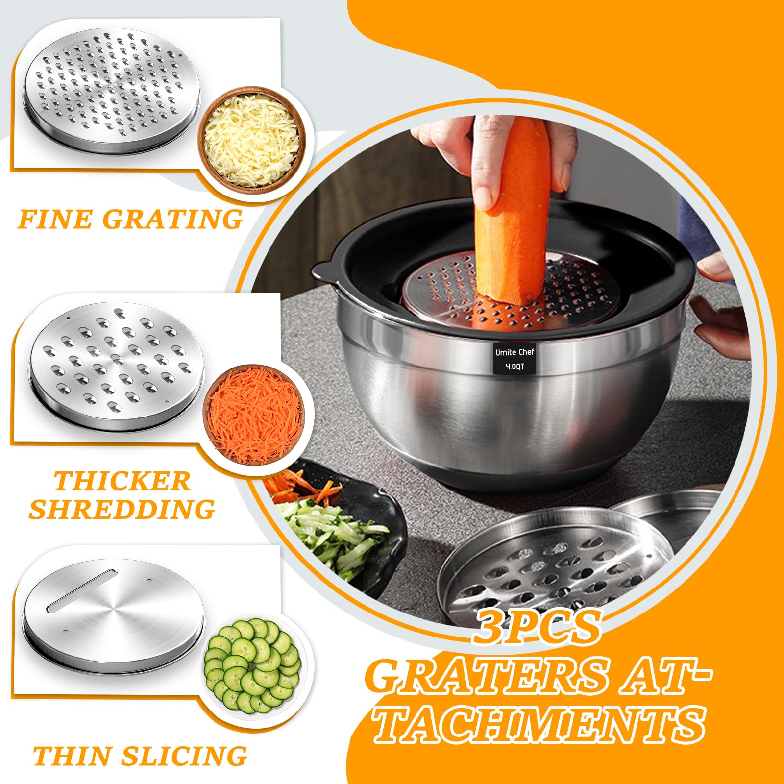 Umite Chef accesorios ralladores para cortar y rallar directamente en el cuenco.