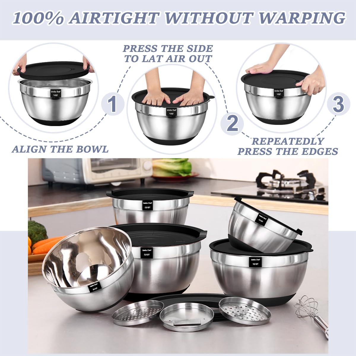 Umite Chef: accesorios ralladores de tres tipos para cortar directamente en el cuenco.