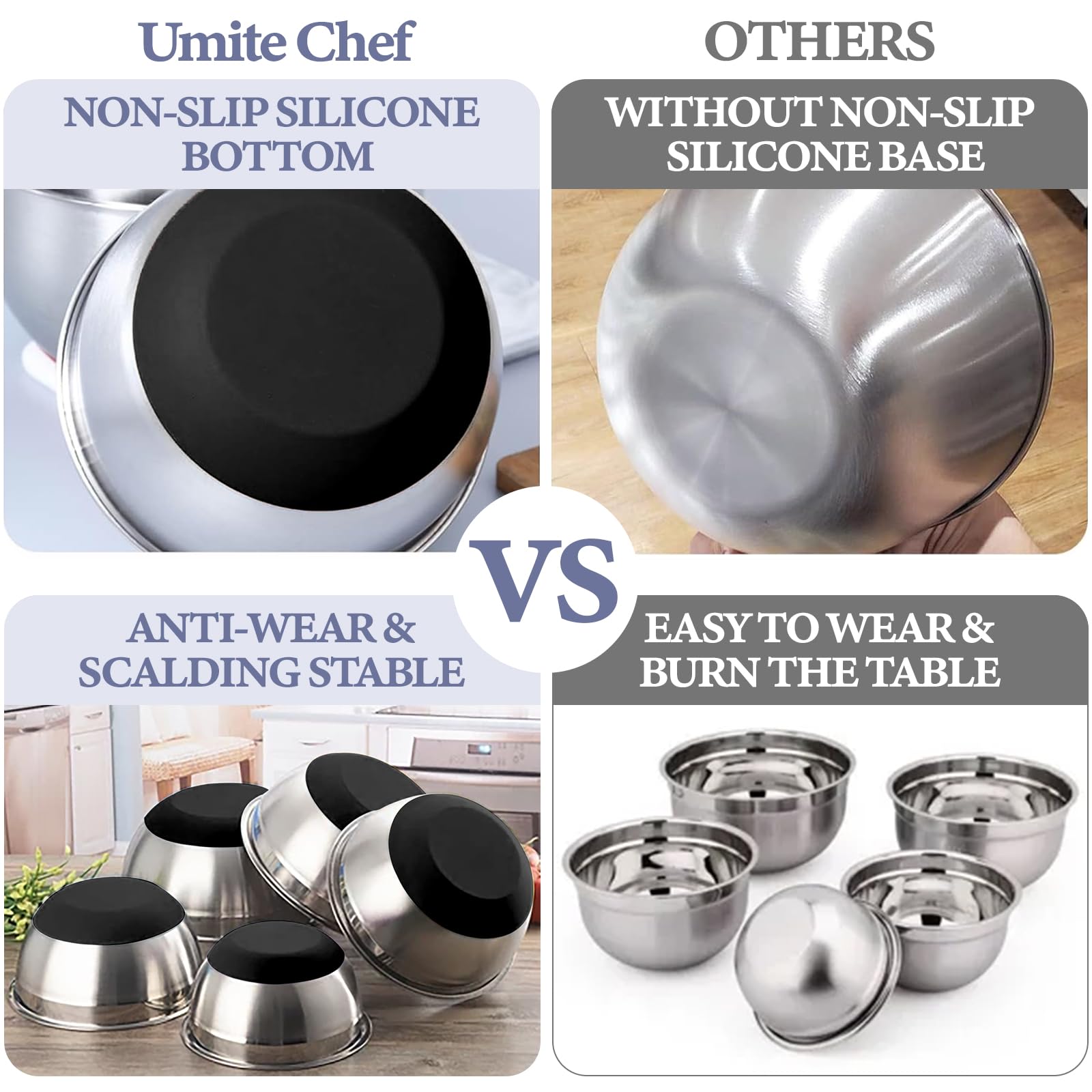Umite Chef: base antideslizante de silicona evita deslizamientos al mezclar.
