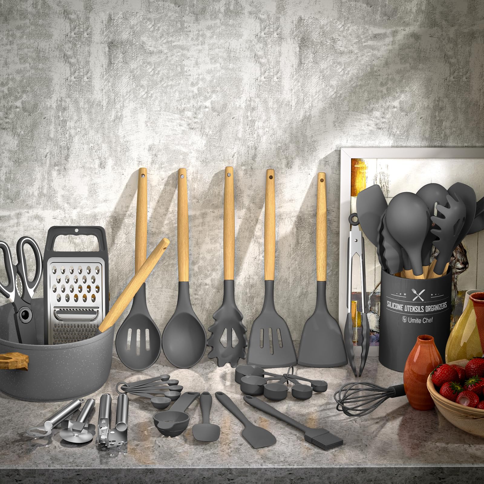 Umite Chef espátula ranurada de silicona, apta para sartenes antiadherentes.