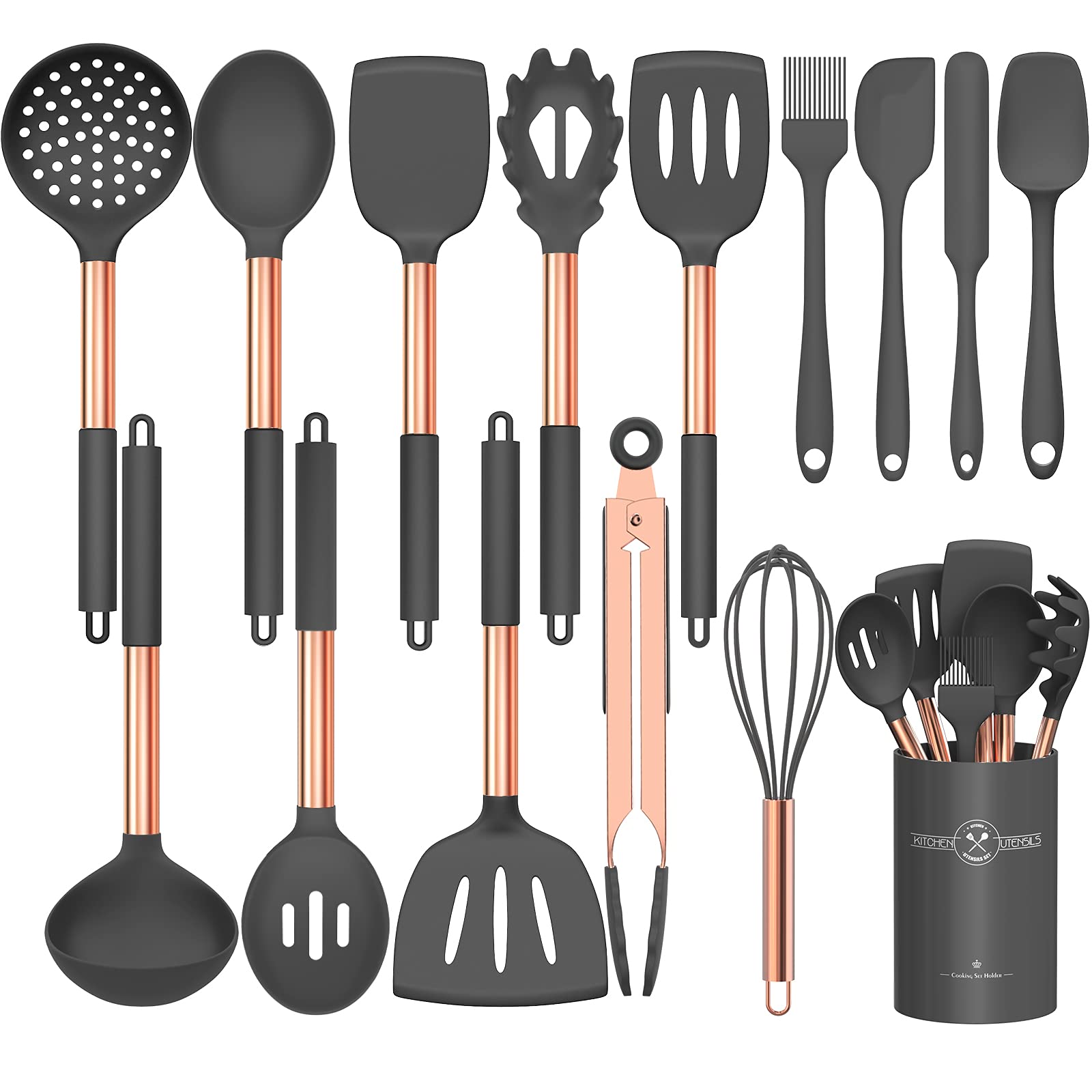 Umite Chef: juego de utensilios de silicona 15 piezas con mango gris y acabado oro rosa, conjunto completo.