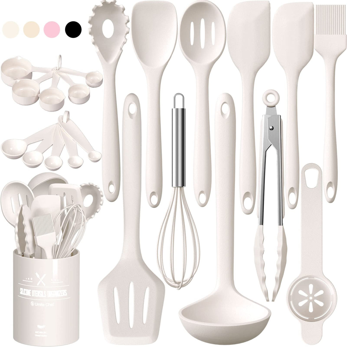 Conjunto Umite Chef de utensilios de silicona de 22 piezas sobre la encimera.