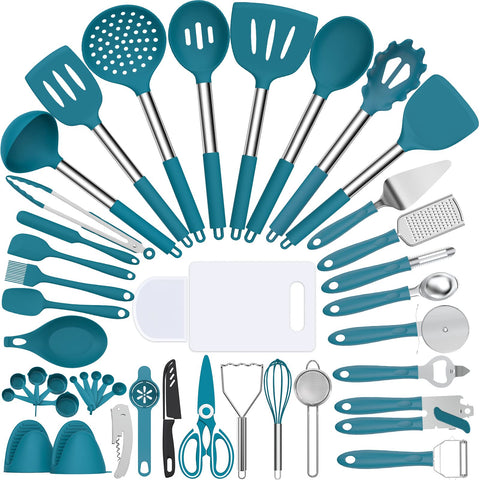 Umite Chef: juego de utensilios de silicona 43 piezas en primer plano para cocinar sin rayar.