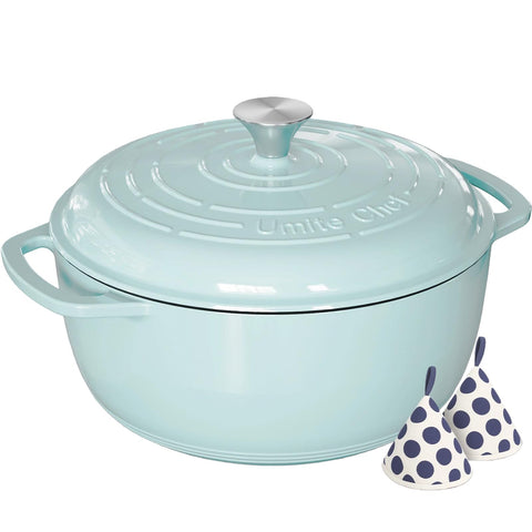 Olla Umite Chef 6QT con tapa hermética en azul para conservar jugos y sabor.