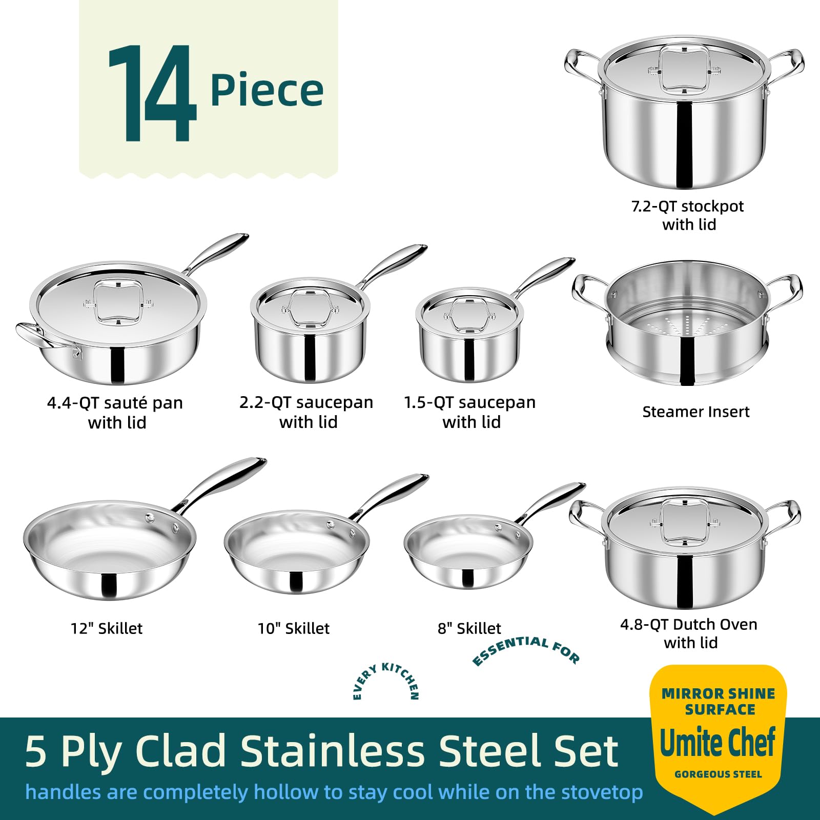 Umite Chef: olla grande de acero inoxidable con 5 capas para calentamiento rápido.