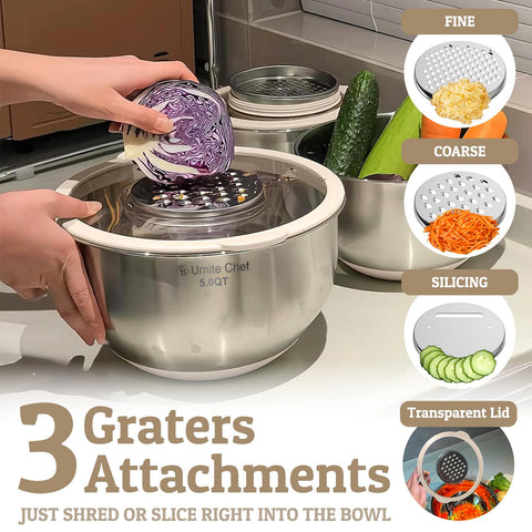 Umite Chef: ralladores integrados cortan directamente en el tazón para menos desorden.