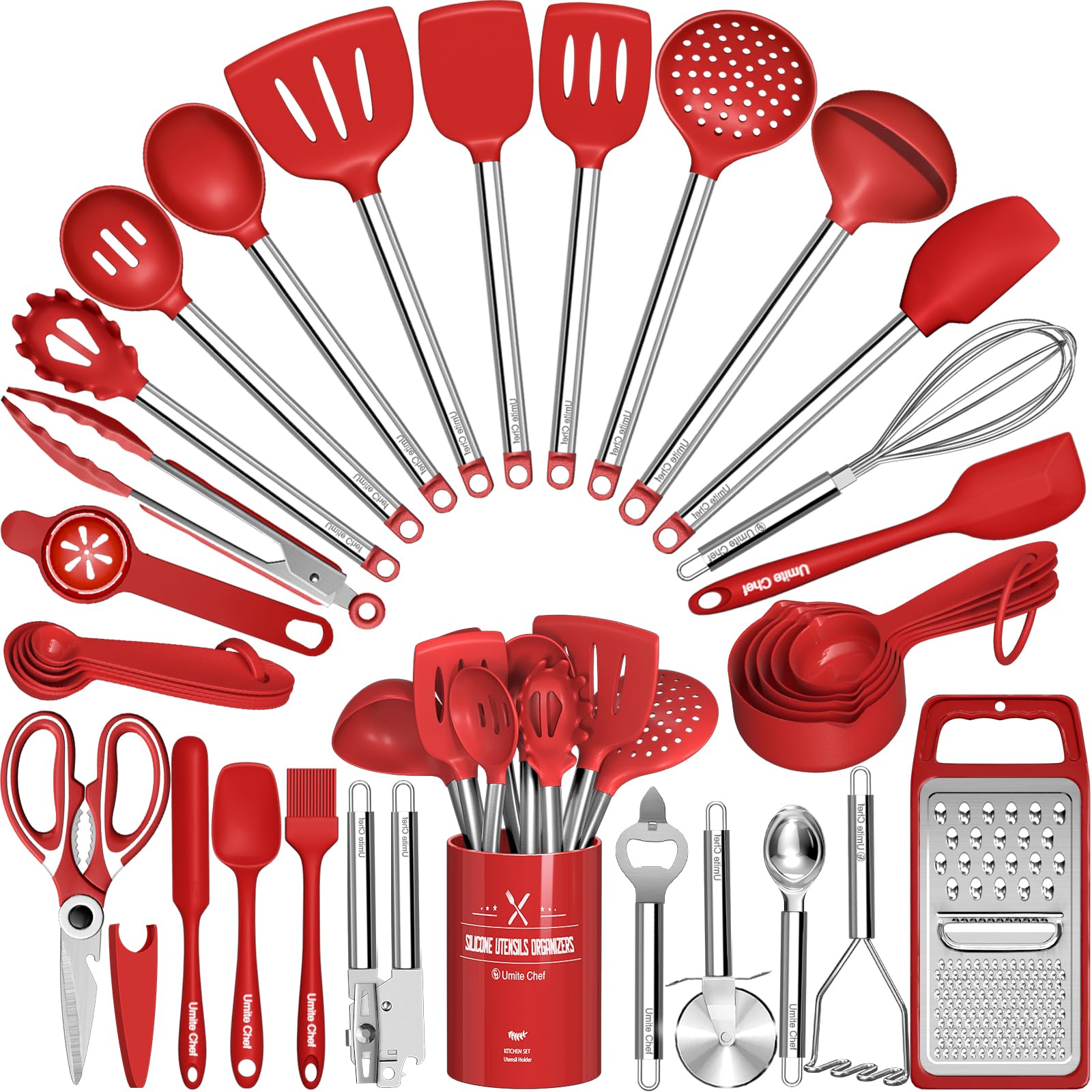 Utensilios Umite Chef en estuche rojo para organización diaria en la cocina.
