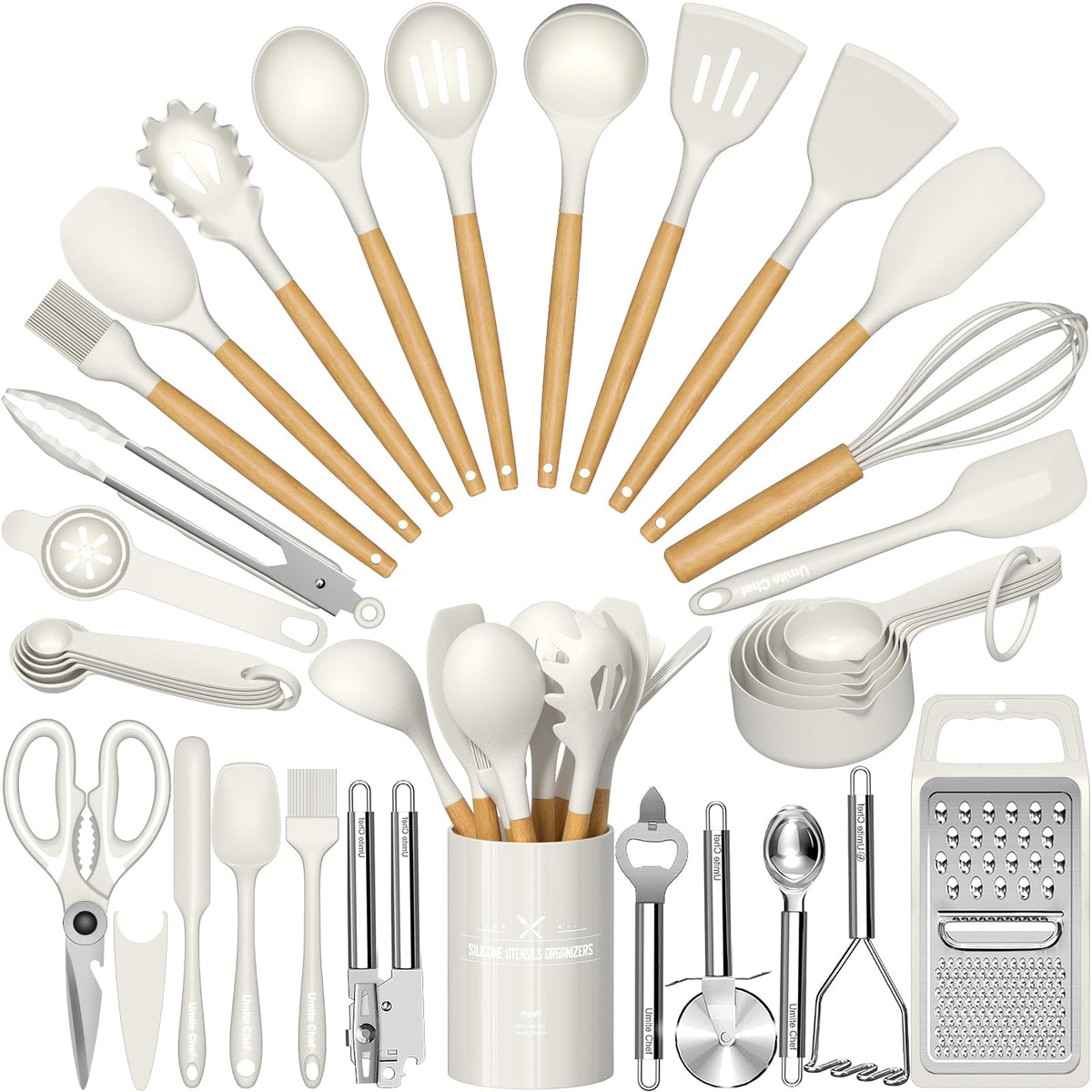 Umite Chef conjunto de utensilios silicona 34 piezas con porta, práctico para cocinas pequeñas