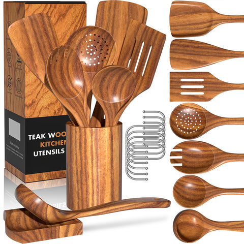 Umite Chef set de utensilios de teca natural con soporte, ideal para organización y cocción.