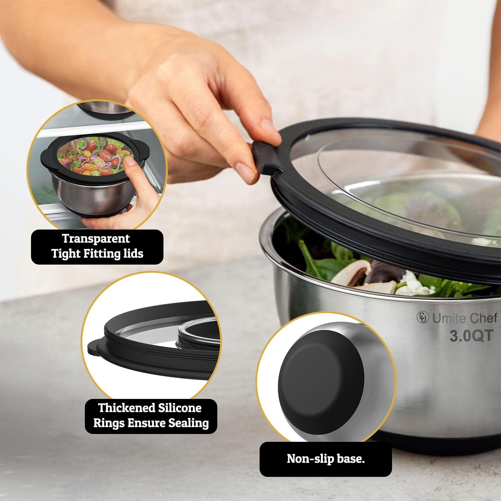 Umite Chef tazones de acero inoxidable grueso para durabilidad y limpieza sencilla.