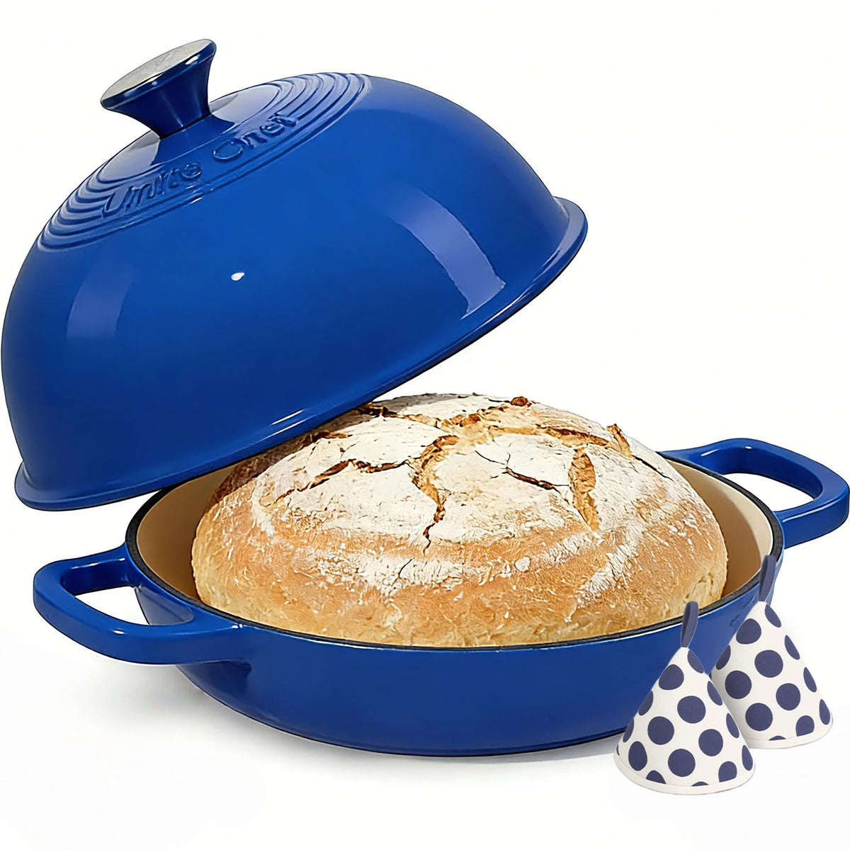 Olla Umite Chef de hierro esmaltado 6 Qt con tapa cúpula azul oscuro.