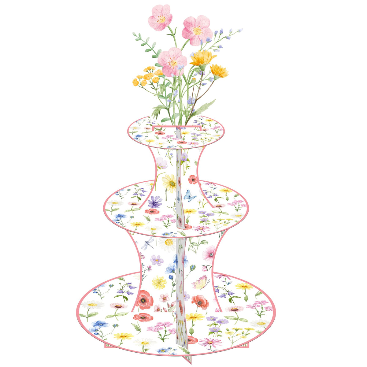 Portacupcakes Umoni tres niveles floral, ideal para fiestas primaverales.