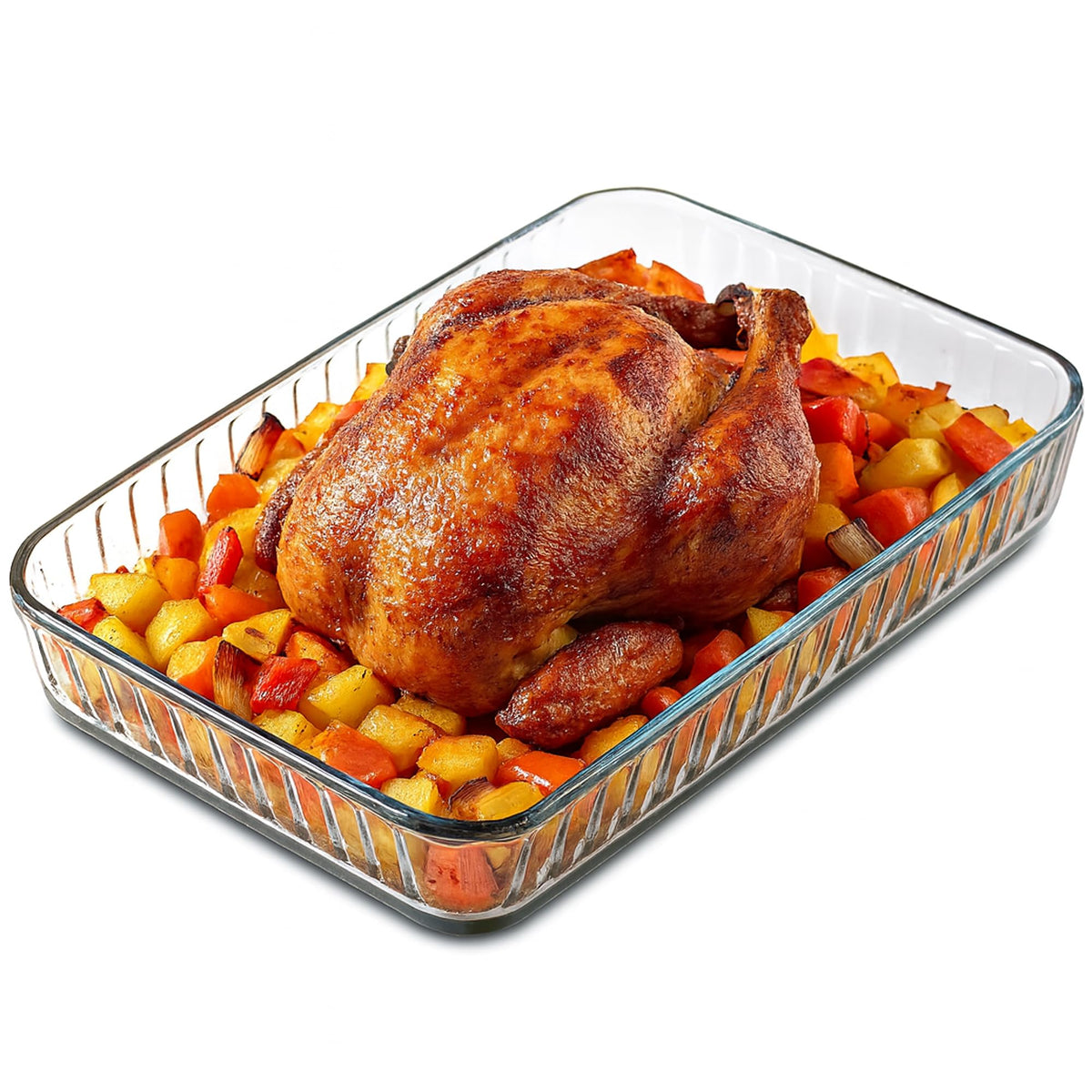 Bandeja Ums 4qt de vidrio transparente para hornear con cocción uniforme.