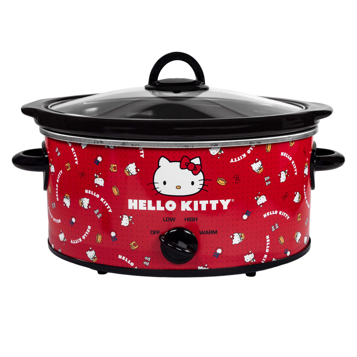 Uncanny Brands Hello Kitty 5-Quart Slow Cooker, vista frontal, ideal para comidas familiares aromáticas.