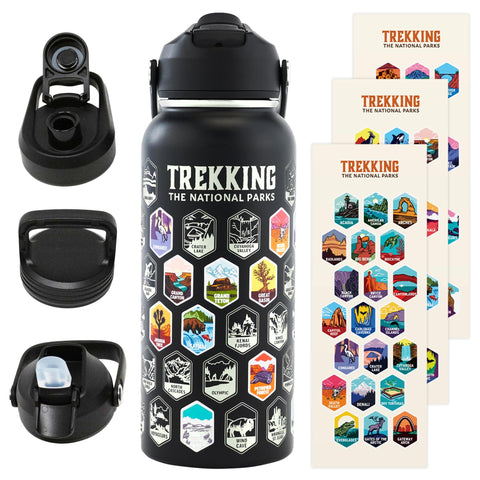 Underdog Games botella 32oz con 63 pegatinas para parques nacionales, ideal para excursiones.
