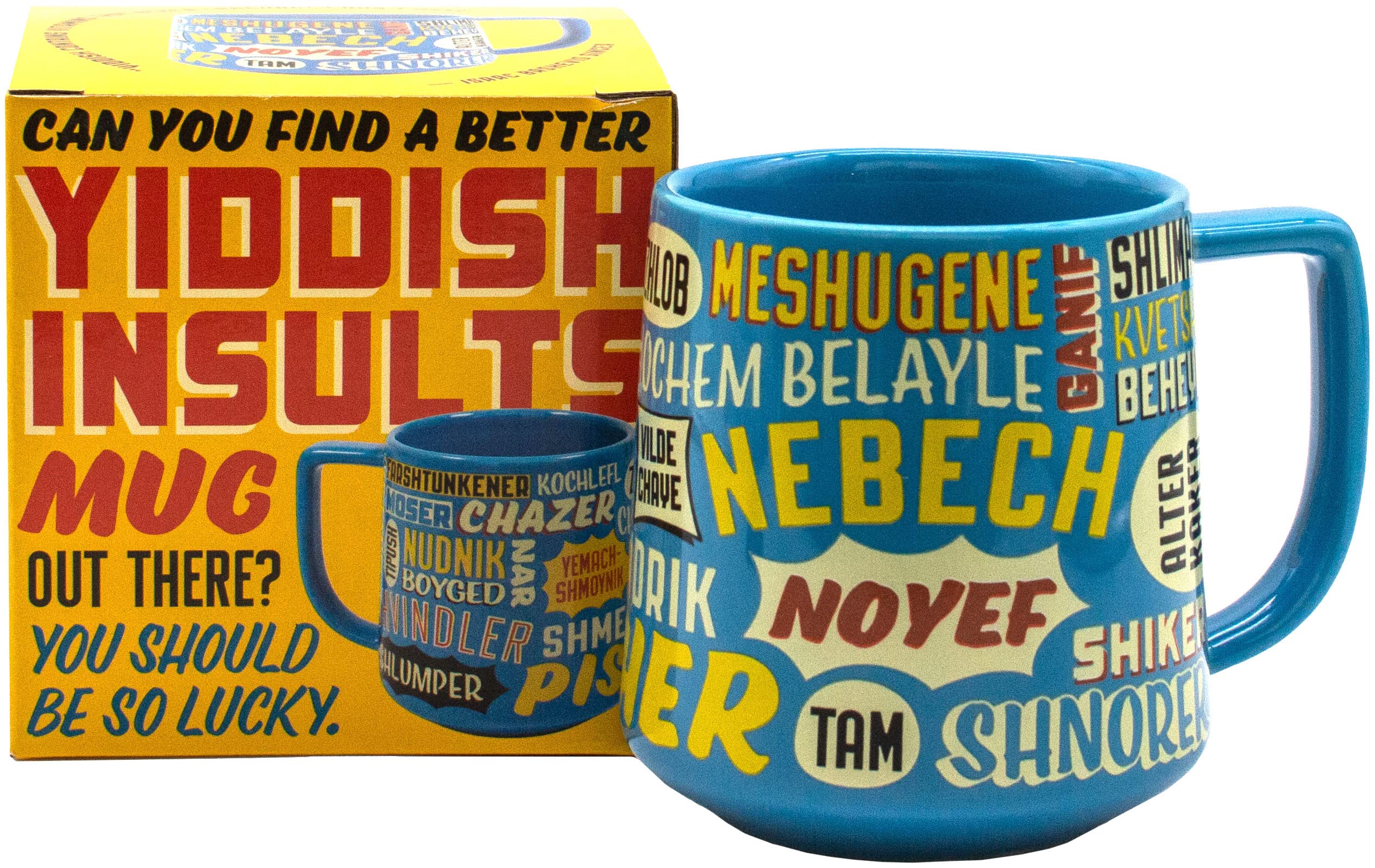 Taza de insultos yiddish de The Unemployed Philosophers Guild, vista frontal, ideal para aprender palabras nuevas