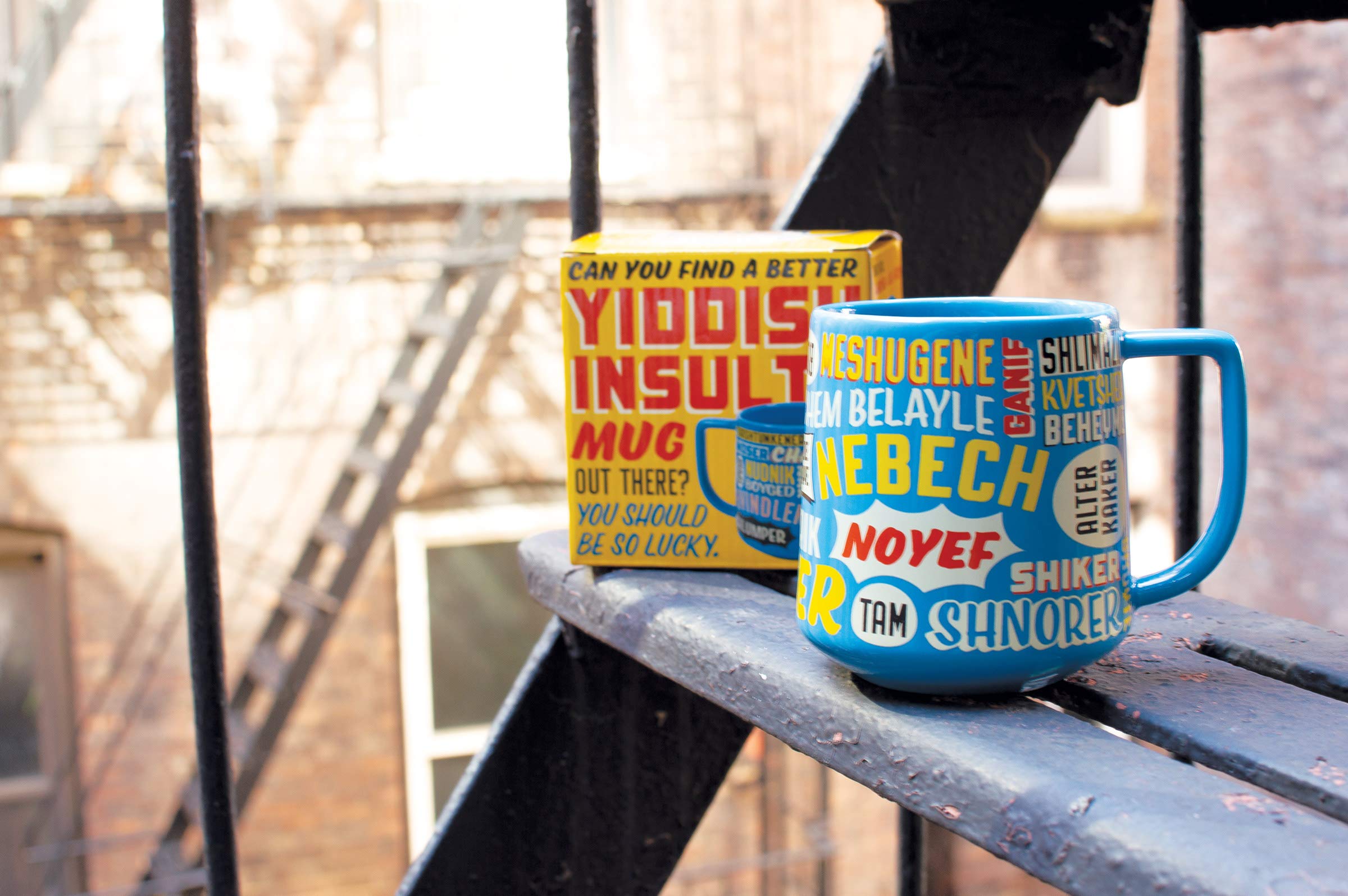 Taza de insultos yiddish de The Unemployed Philosophers Guild, vista lateral derecha, regalo divertido
