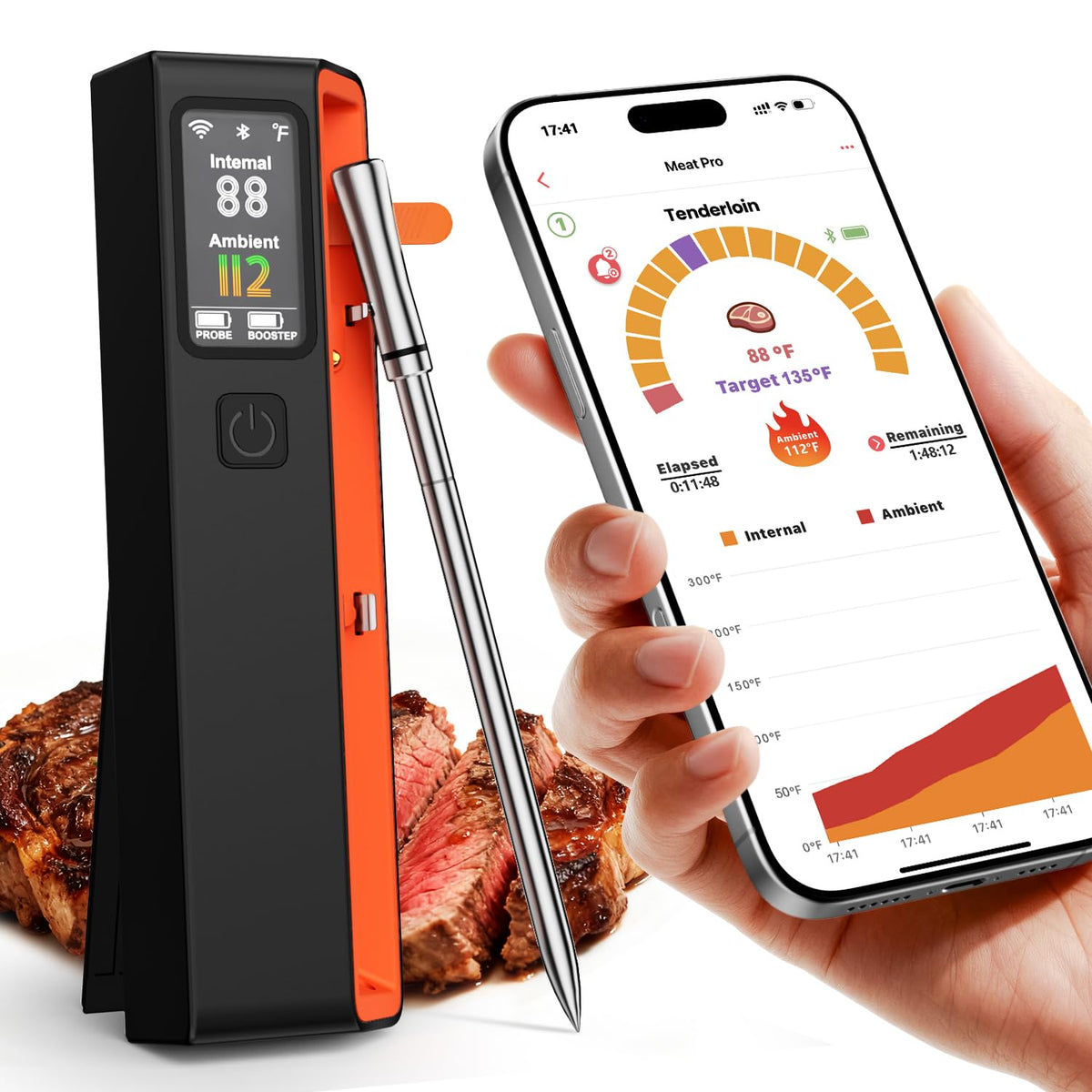 UNERVER termómetro de carnes inalámbrico con base LED mostrando temperatura.