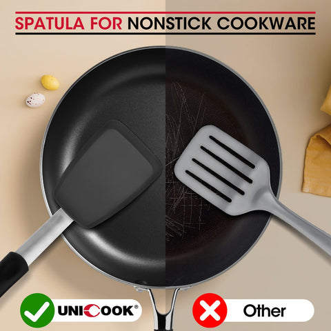 Cuchara de silicona Unicook resiste 600°F para cocinar en sartenes antiadherentes.