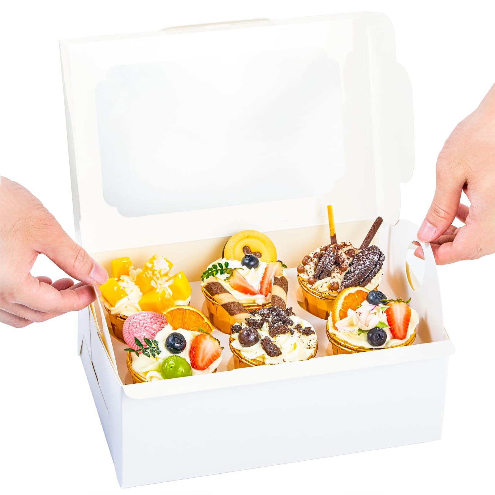 Caja UnicoPak alta para magdalenas con asa, perfecta para fiestas.