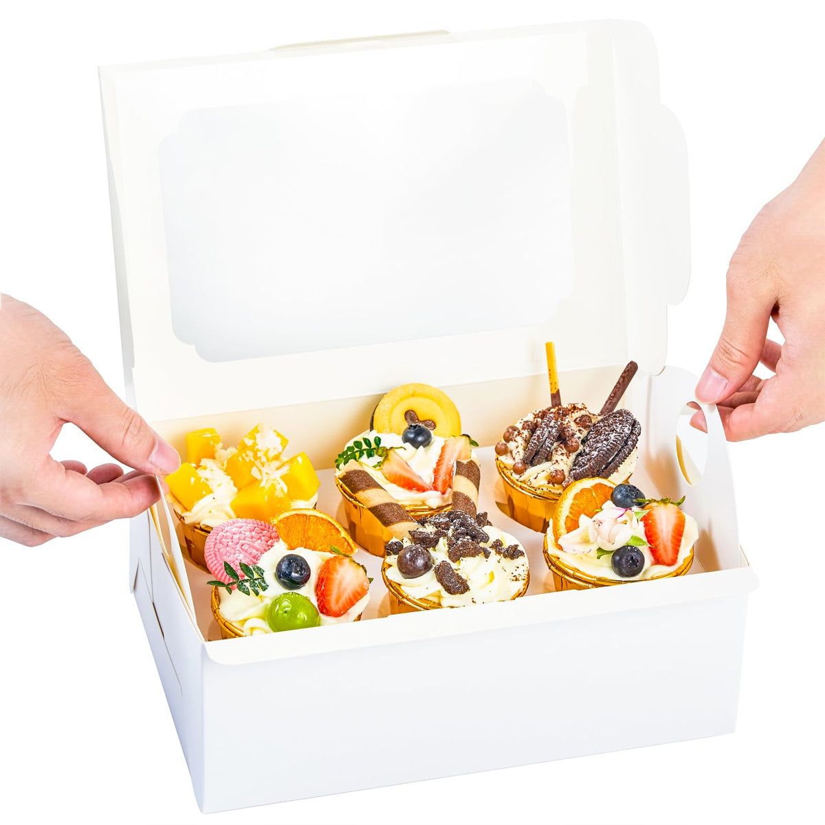 Caja UnicoPak alta para magdalenas con asa, perfecta para fiestas.