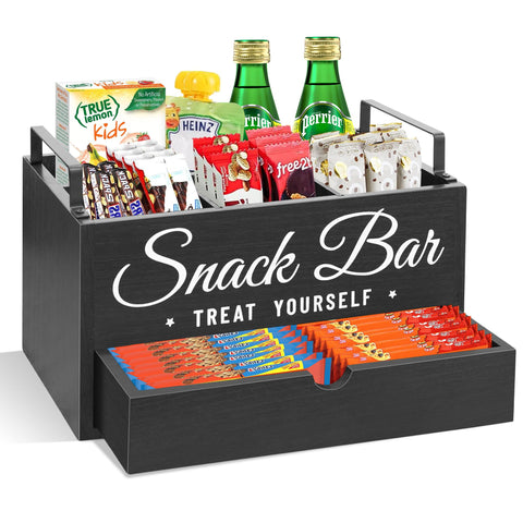 Unistyle snack organizer frente con tres compartimentos y cajón para ordenar snacks.
