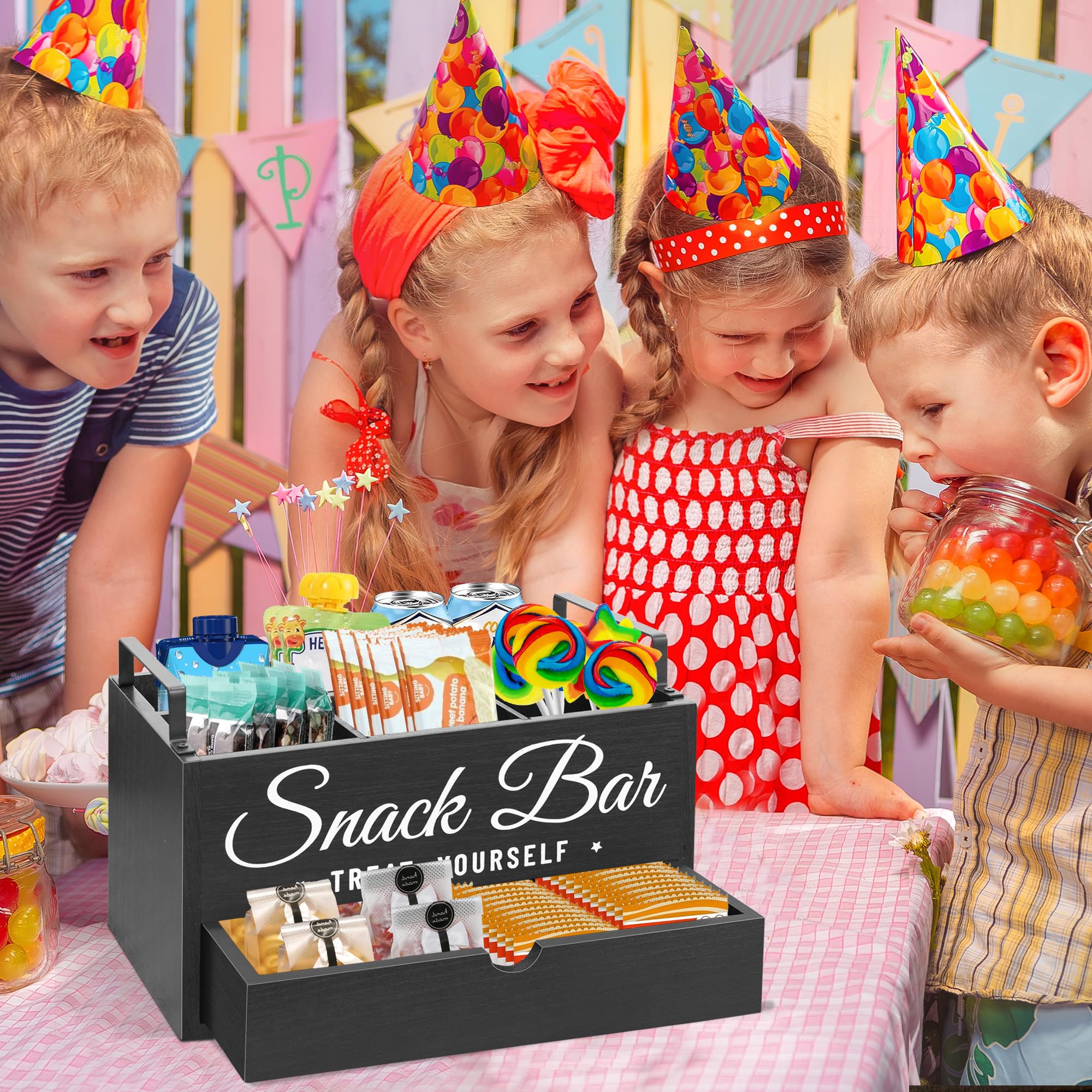 Unistyle snack organizer con manijas metálicas para transporte fácil.