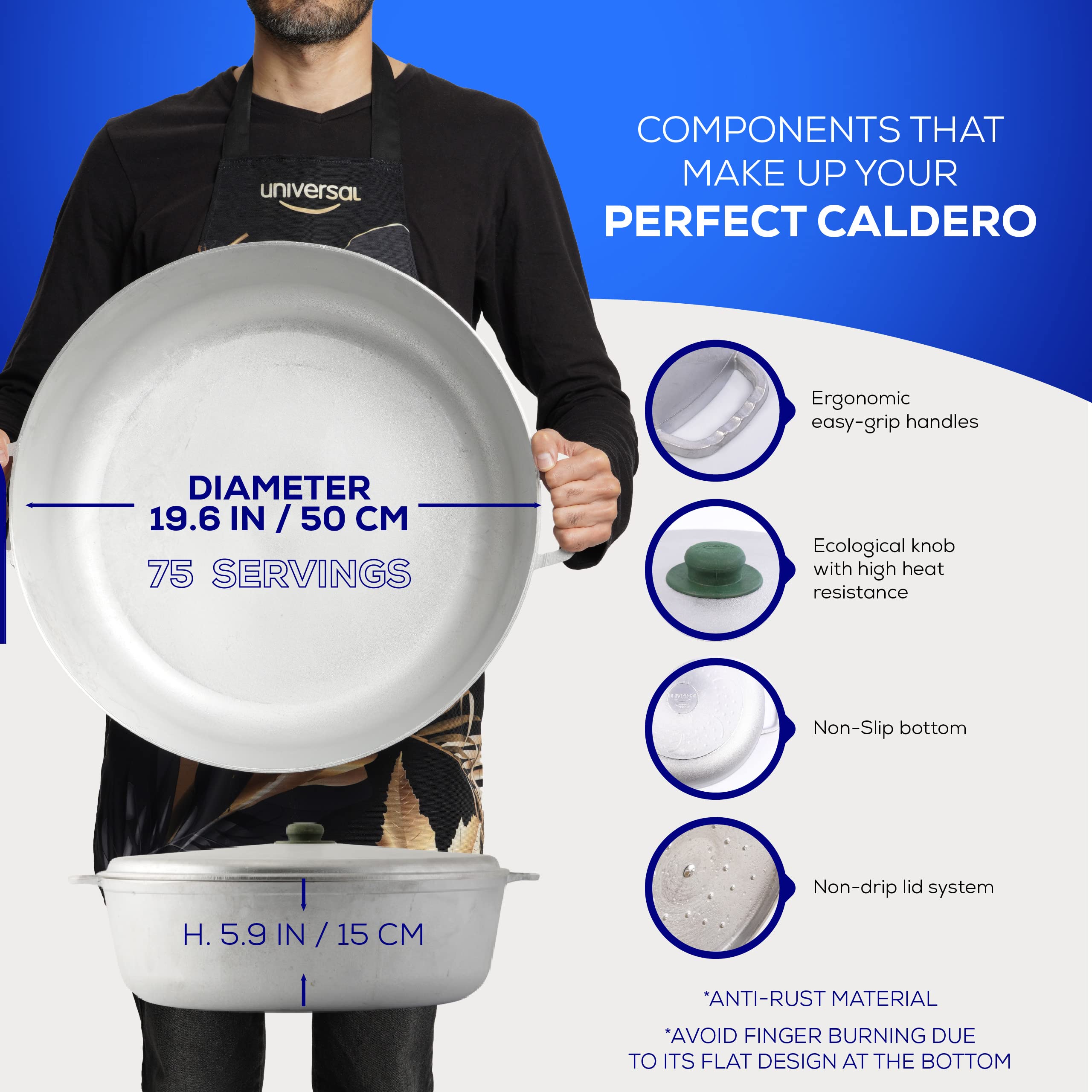 Caldero Universal con tapa antigoteo evita derrames durante la cocción.