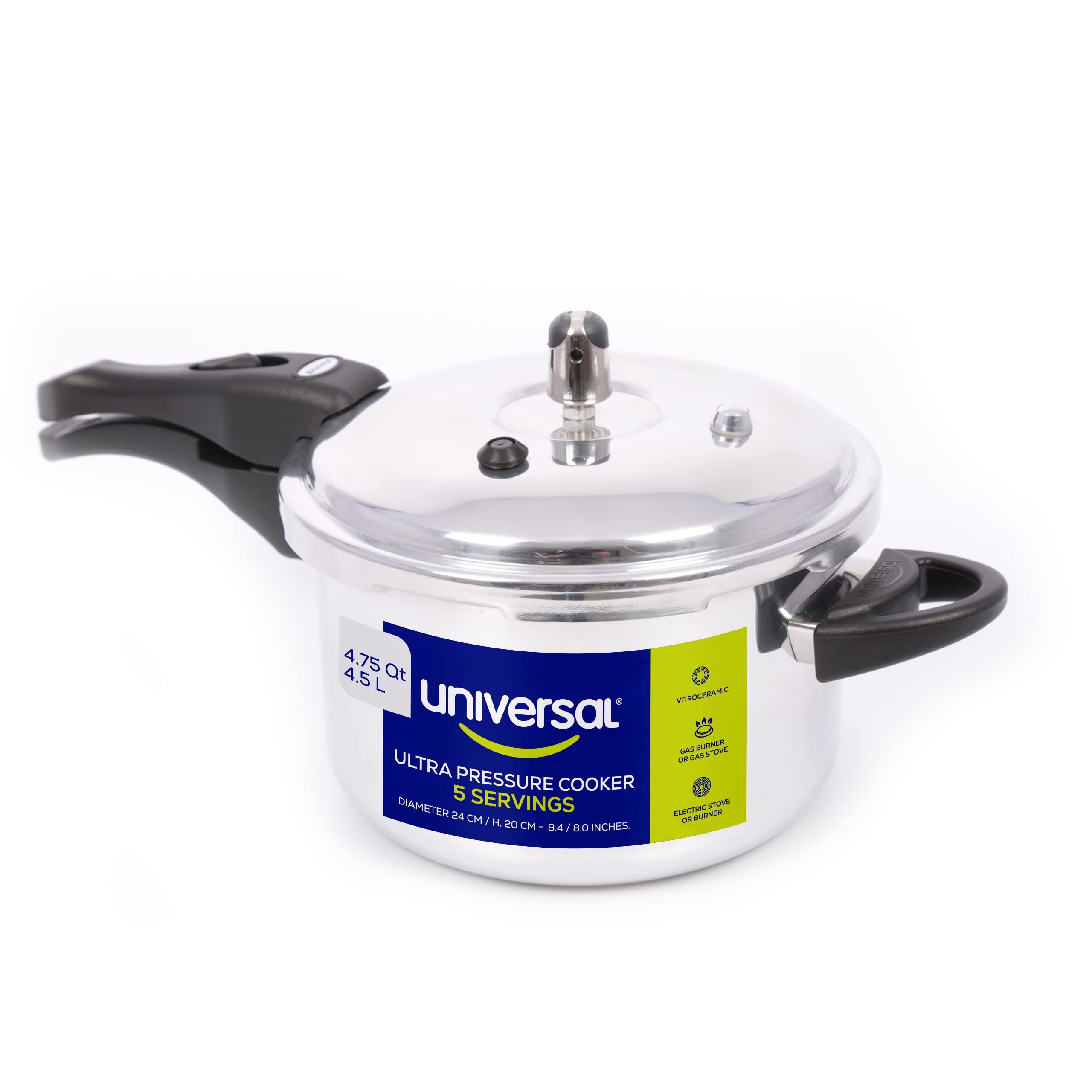 Universal olla presión anticorrosiva: vista exterior con válvulas de seguridad para control de presión.