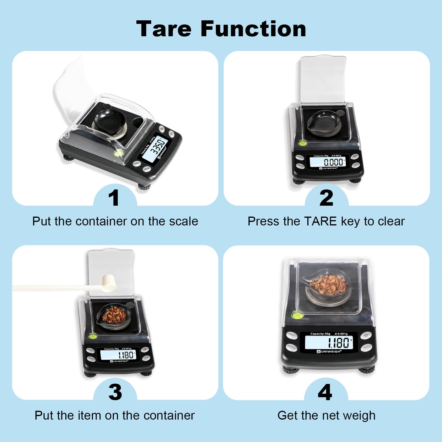 UNIWEIGH botón Tara y calibración simplifican obtener peso neto.