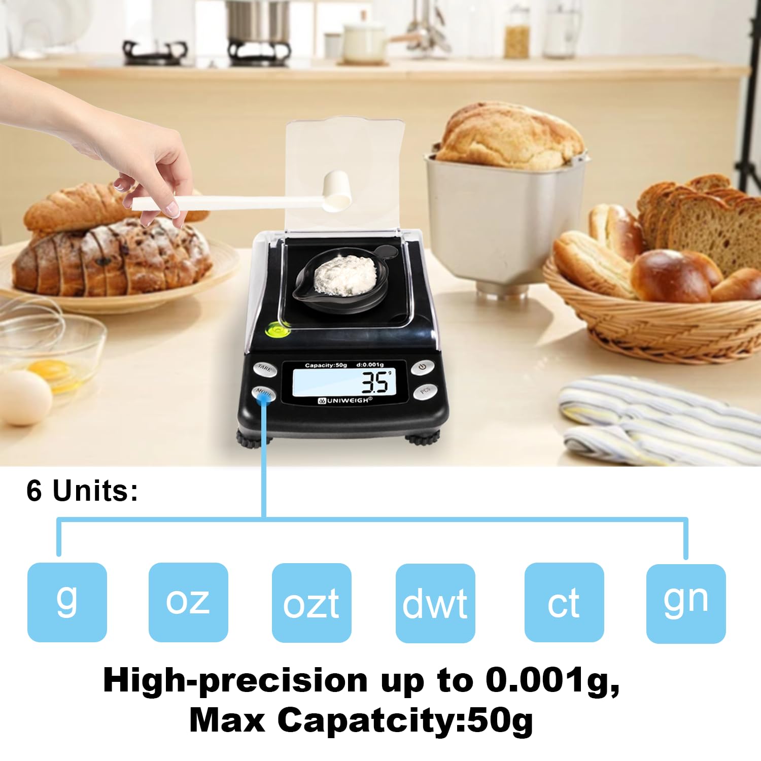 UNIWEIGH pan de polvo inoxidable facilita mediciones limpias.